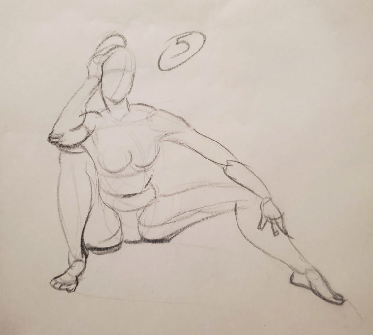 Alex Frenette's 5 minute gesture of model sitting with one knee up, an elbow leaning on the knee, then their head leaning on their hand.