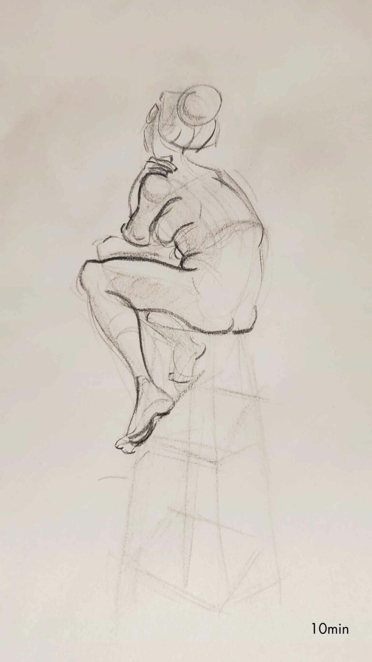 Alex Frenette's 10 minute gesture of model sitting on stool, hugging themselves.
