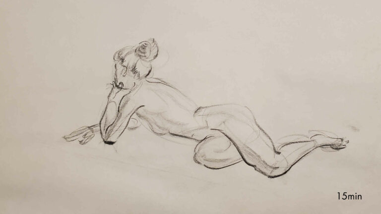 Alex Frenette's 15 minute gesture of model laying on floor, leaning chin on hand.