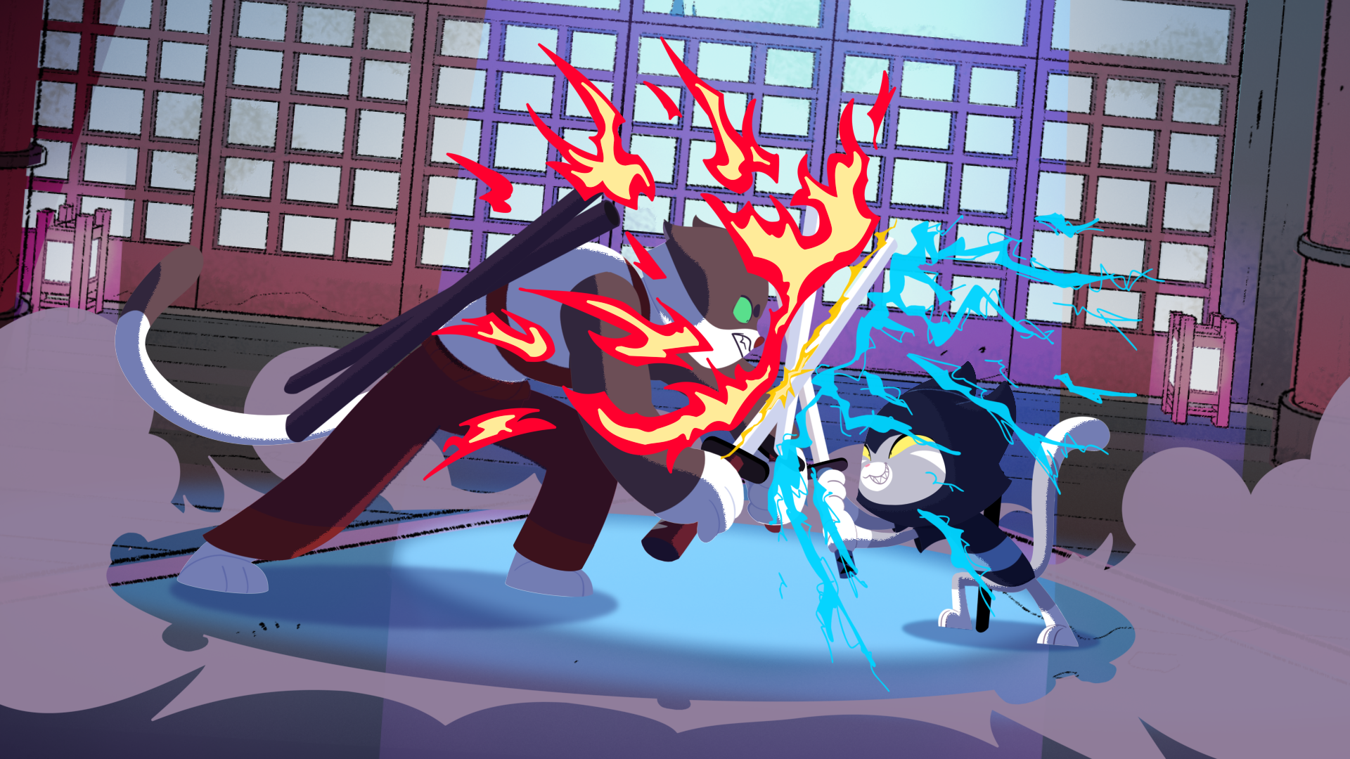 Alex Frenette's compositing example of a scene. Character fight with shadows on characters.
